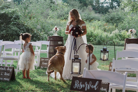 Happy Woman with her pets on her wedding dog and two little girl bridesmaids