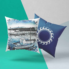 Design fishing boat - cushion Greece in blue watercolor