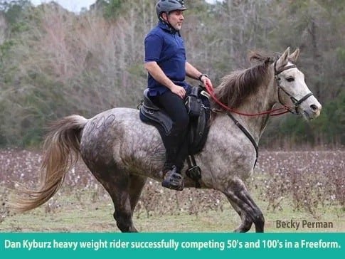 Dan Kybur, heavy weight rider, successfully competes 50-100 mile rides in a Freeform treeless saddle