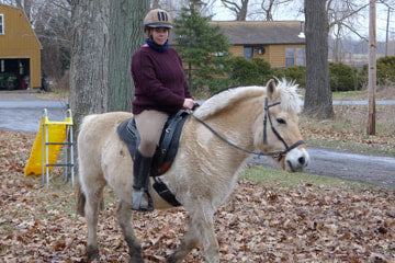 woman riding her hard-to-fit Fjord horse in a Freeform treeless saddle on a neighborhood trail.