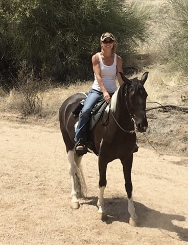 Young woman sitting on a black and white paint horse in a Freeform treeless saddle.