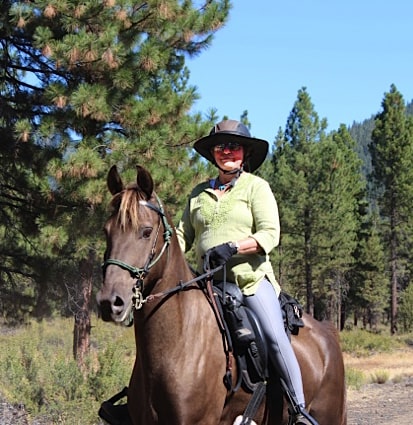 woman riding a chestnut rocky mountain gaited horse on the trail in a Freeform saddle