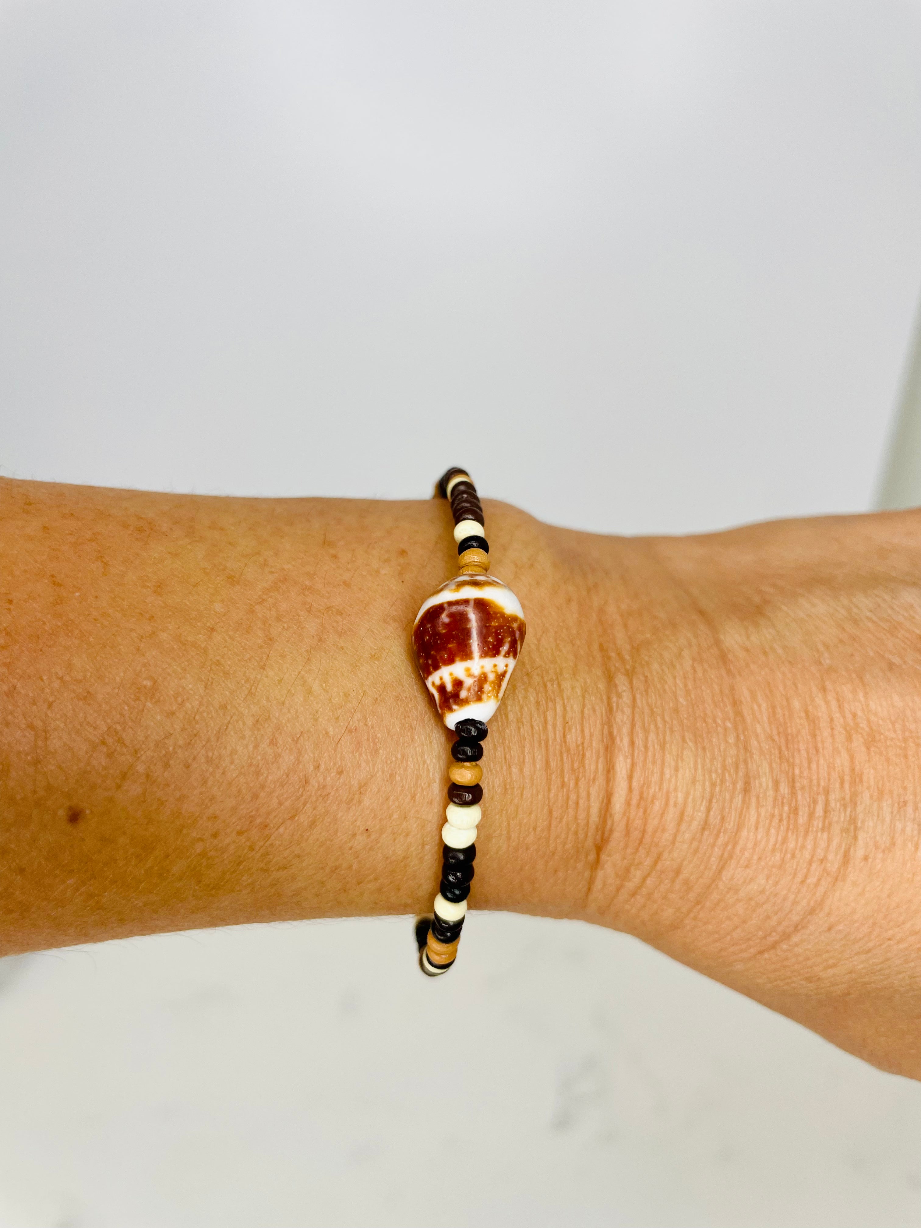 Cuff Bracelet Cone Shell Wood Beads