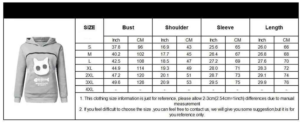 Cat Hoodie Pouch Size Guide