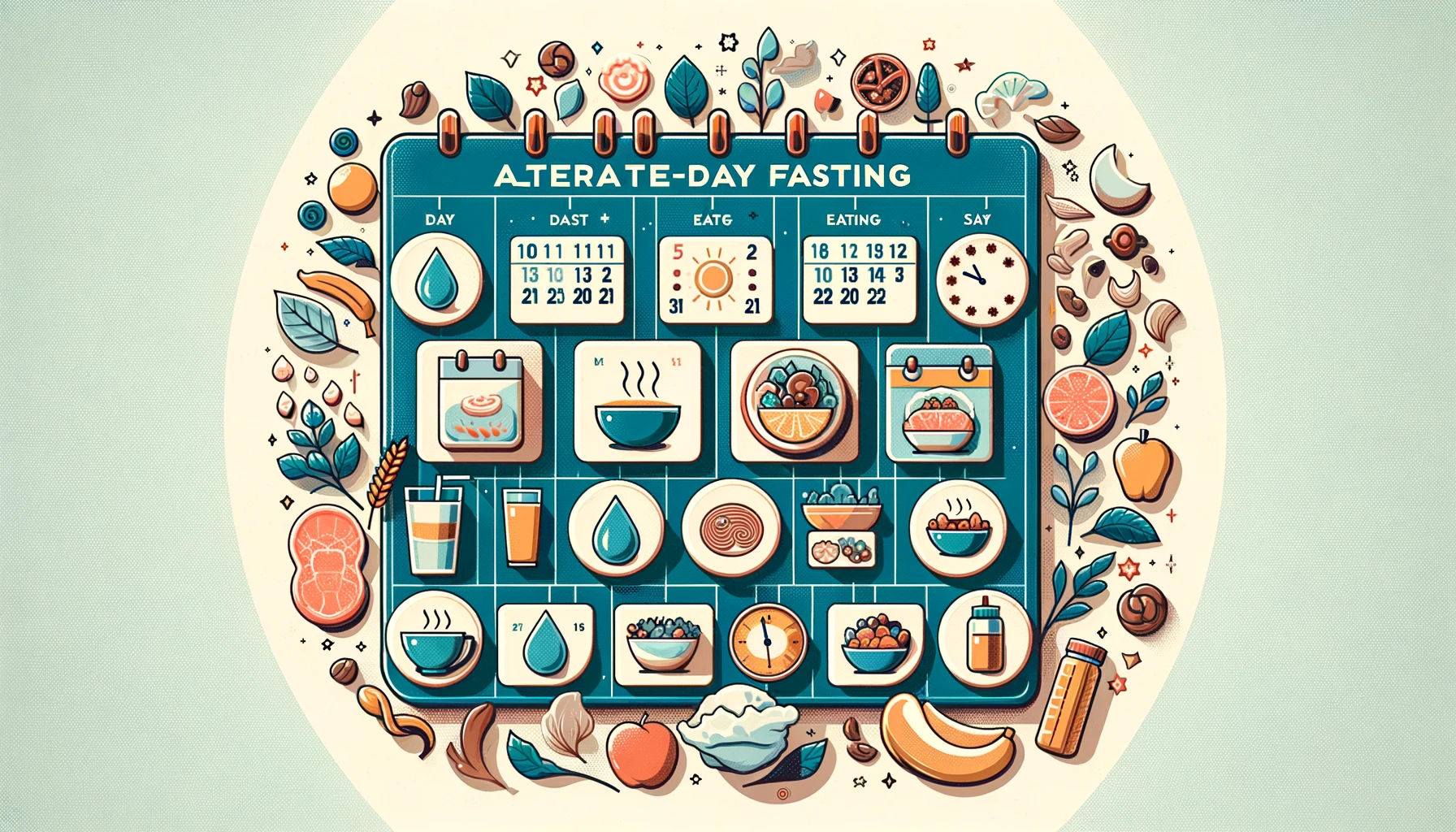 Calendar depicting alternate-day fasting routine with symbols for fasting and eating days, showcasing a healthy fasting approach.