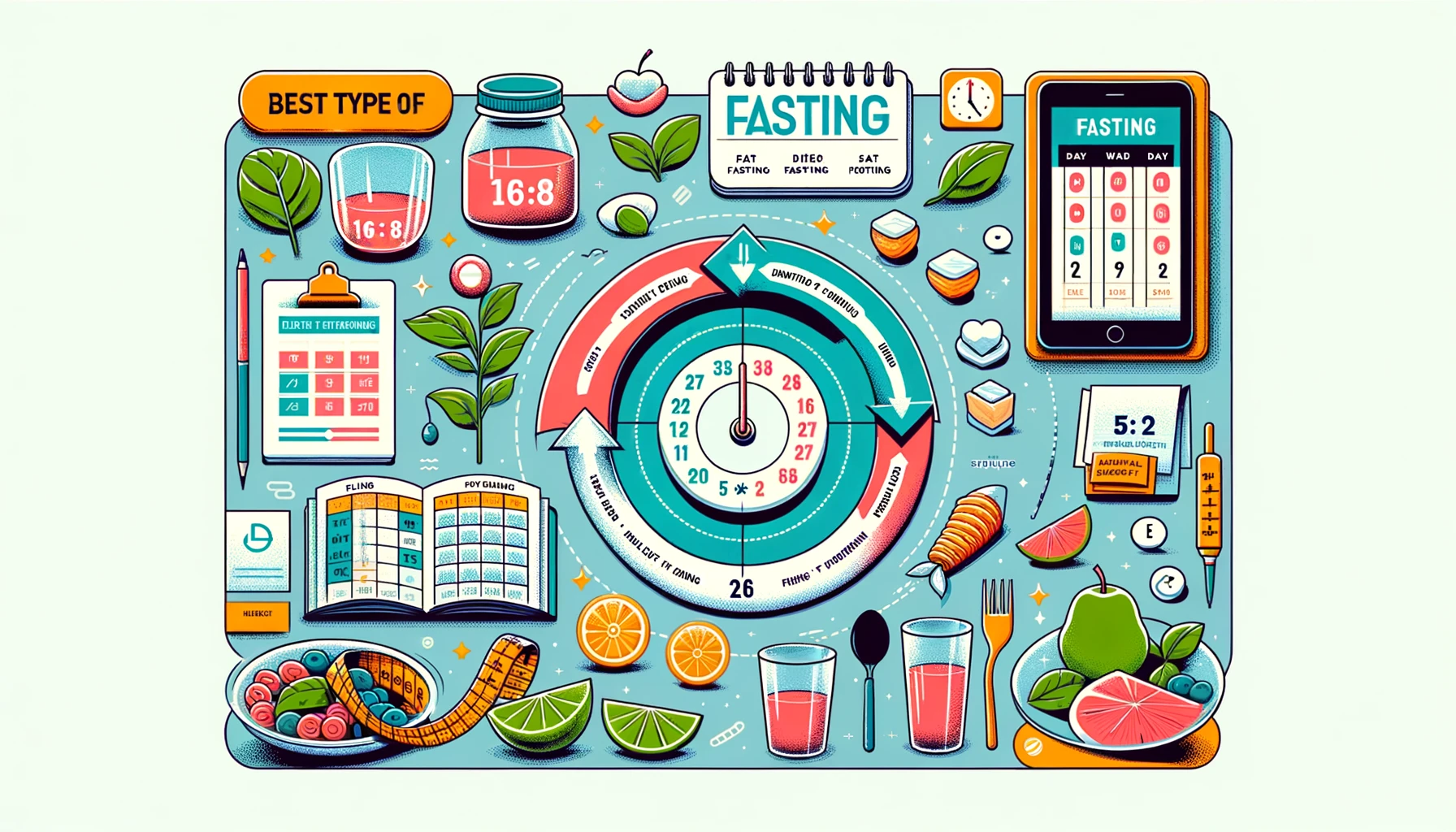 Comparison of 16:8 and 5:2 fasting diets, showing daily eating-fasting cycle and weekly calorie-restricted plan.