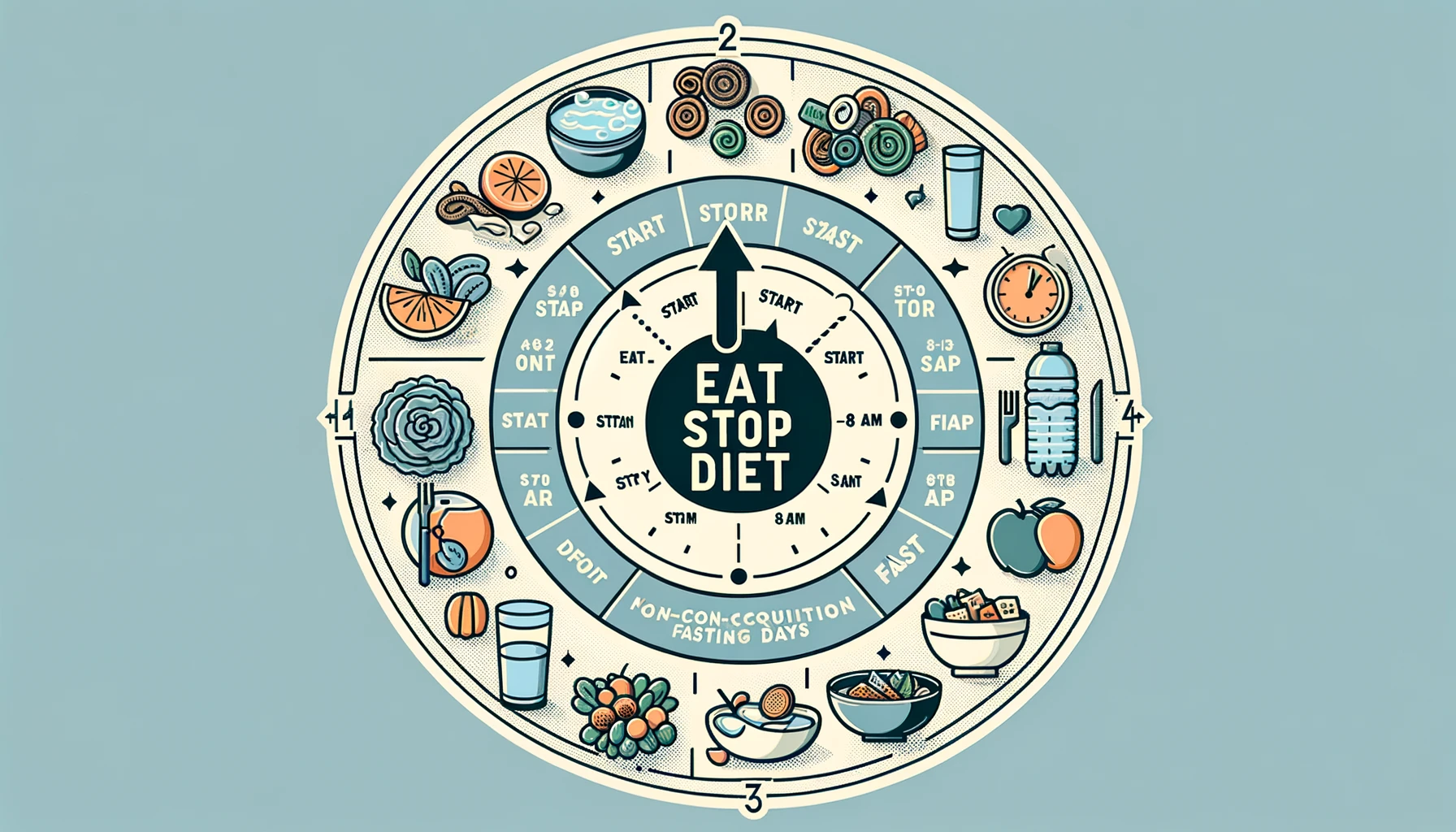 24-hour Eat Stop Diet cycle, showing fasting with an empty plate and non-fasting period with healthy foods.