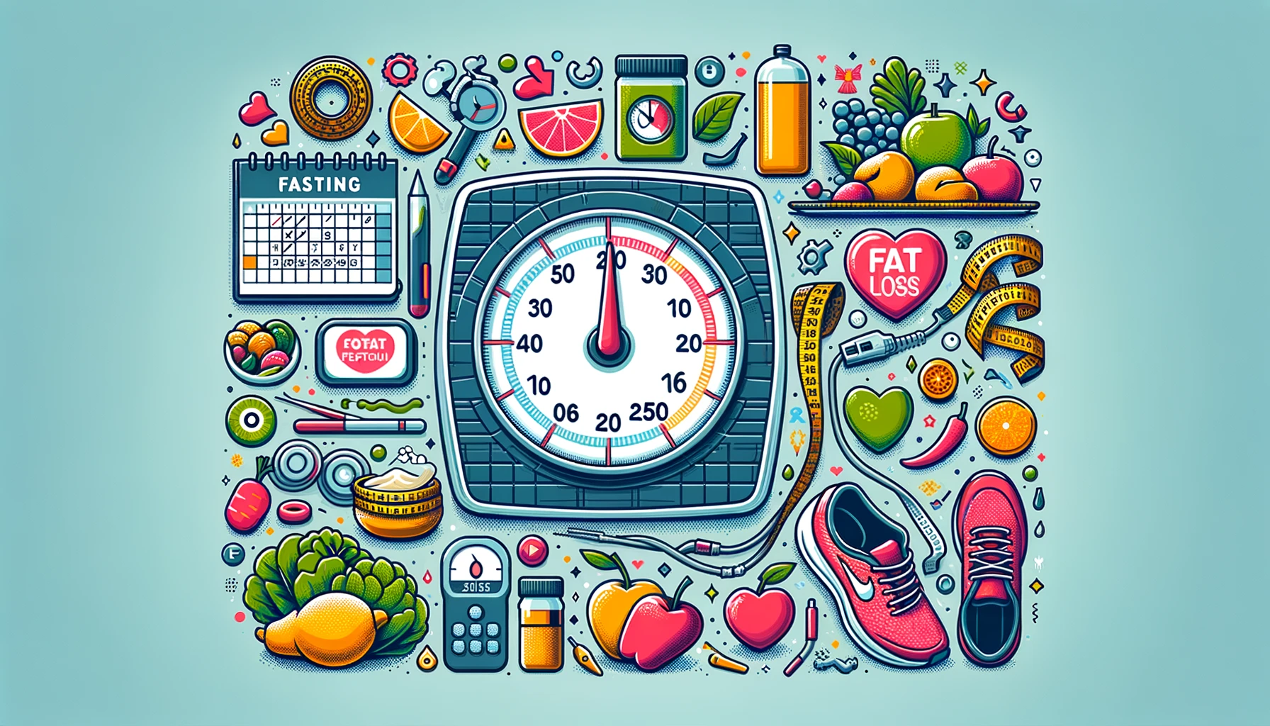 Weight loss through fasting depicted with scale, fasting calendar, healthy food, and exercise gear.