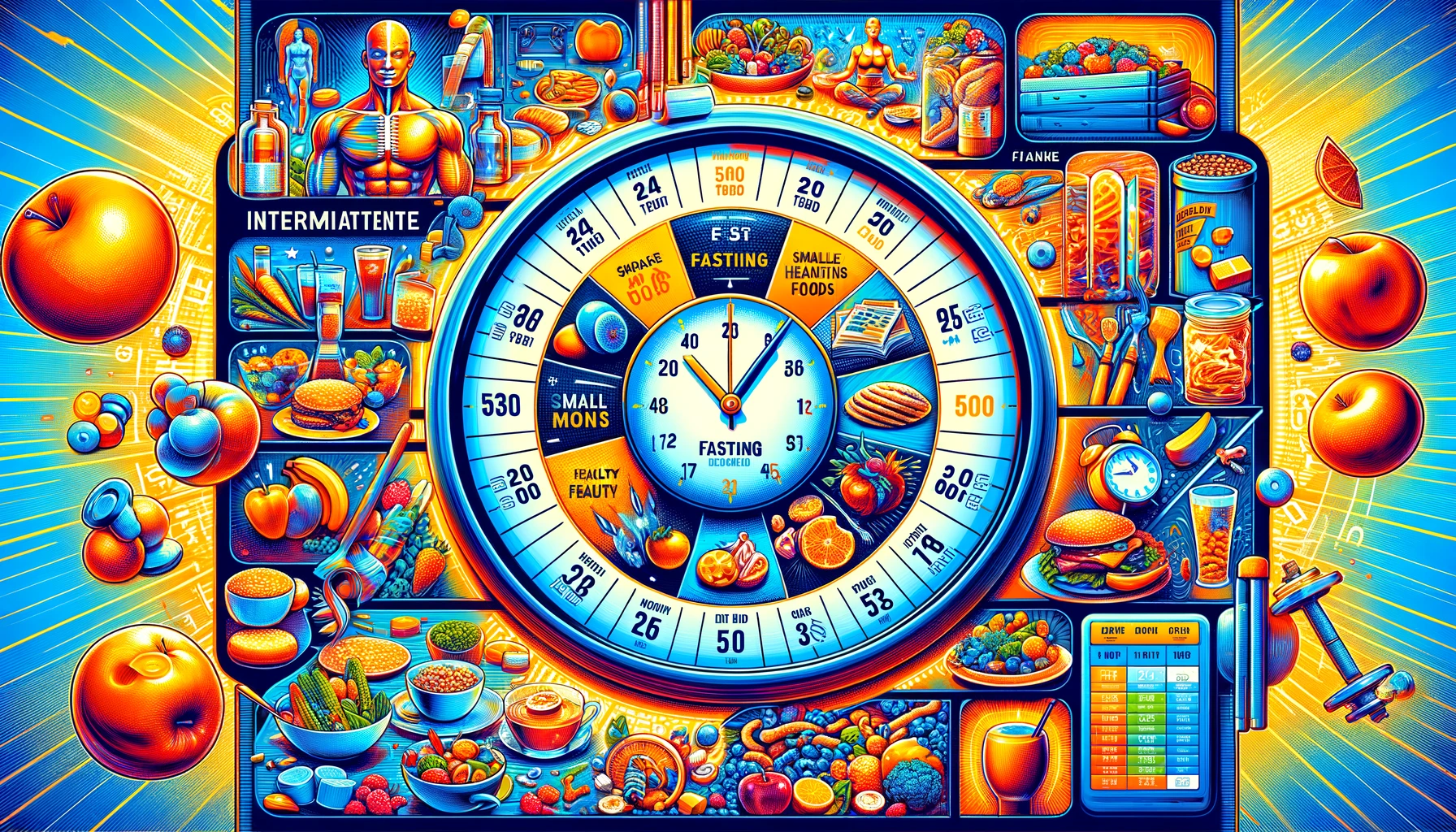Illustration of intermittent fasting with a calendar showing 5:2 diet days and a clock for the 16:8 method, highlighting healthy foods and fasting periods.