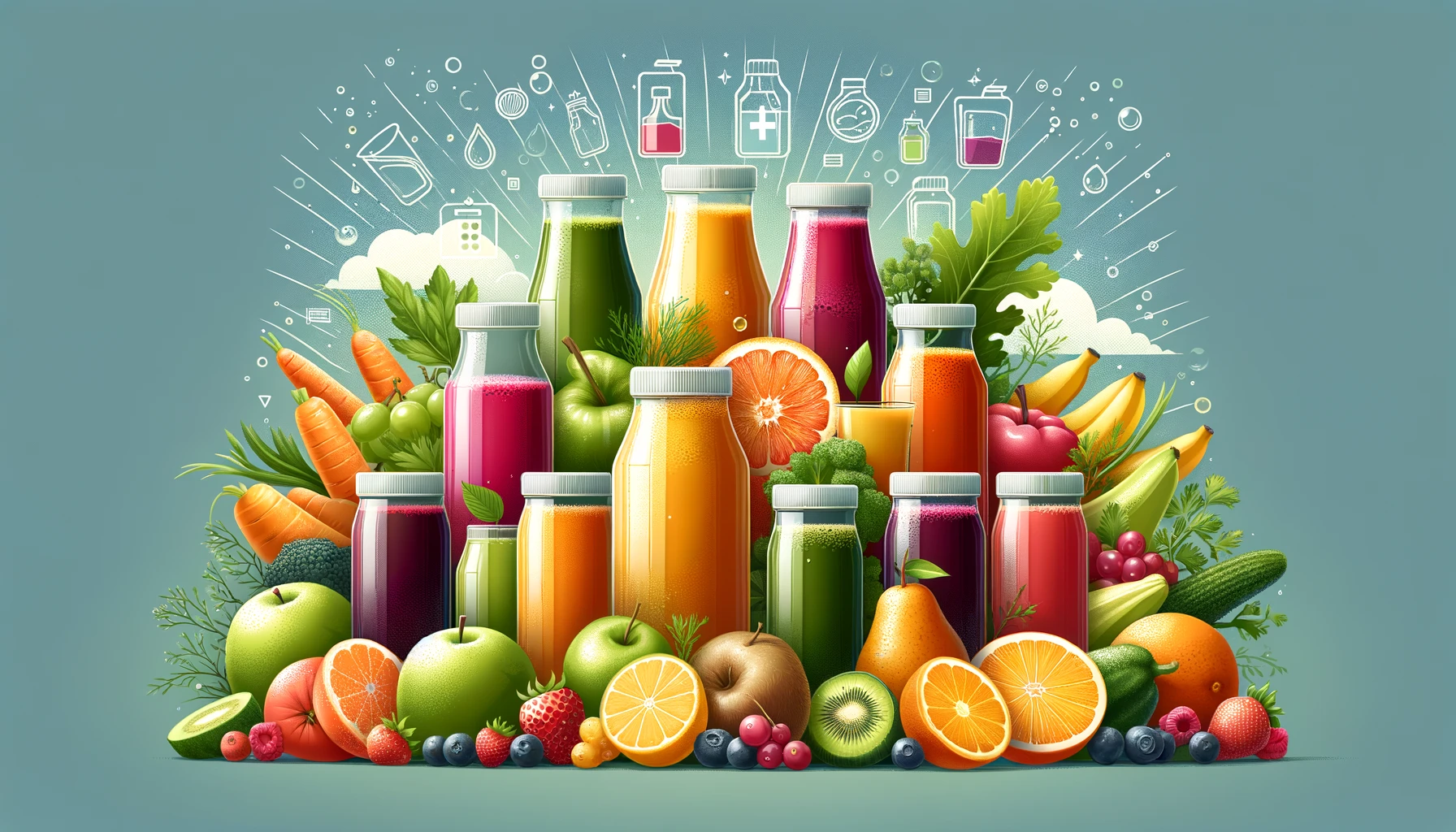Colorful array of fruit and vegetable juices for a detoxifying juice fast, surrounded by fresh fruits and herbs.
