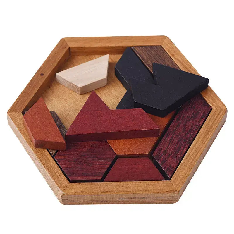 Hexágono quebra-cabeça de madeira para crianças jogos de lógica de madeira  Tangram Quebra-cabeças Quebra-cabeças