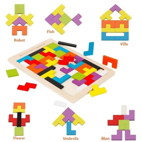 Homem resolvendo quebra-cabeça tetris lógico procurando local apropriado  para detalhes conceito de formação de construção jogo multicolorido de  madeira para crianças e adultos