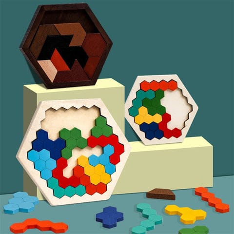 Hexágono quebra-cabeça de madeira para crianças jogos de lógica de madeira  Tangram Quebra-cabeças Quebra-cabeças