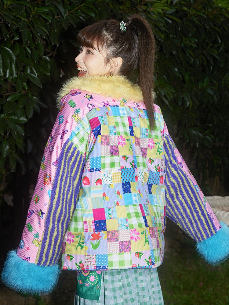 Patchwork Print Plush Collar Short Down Jacket - tntntutu – ARCANA ARCHIVE