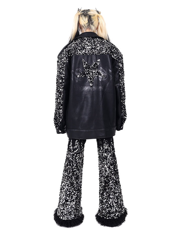 PINKSPINK Sequin Star Y2K Leather Coat-