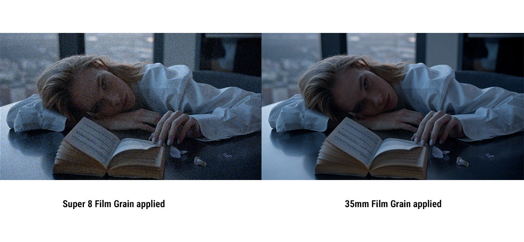 A cinematic moody image of a woman laying her head down while reading a book against a city skyline at dusk in two styles, one with a super 8 film grain overlay, the other with a 35mm film grain overlay