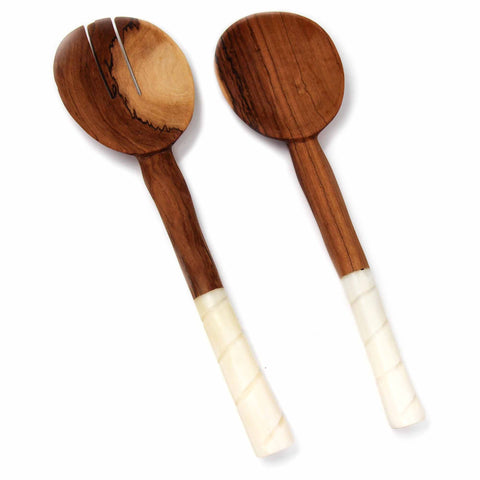 Olive Wood Salad Servers with Bone Handles, White with Etching Design