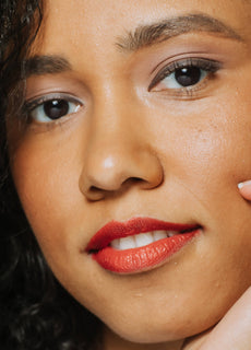 vegan cruelty free lipstick lip crayon +caption_Valentina is wearing Coy #shade_Coy_|_Warm_Poppy_Red