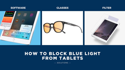 illustration comparing solutions to block blue light : software, glassses, filters