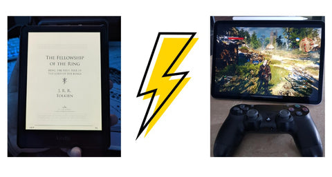 an ereader for ebooks and a tablet side by side with lightning strike in the middle