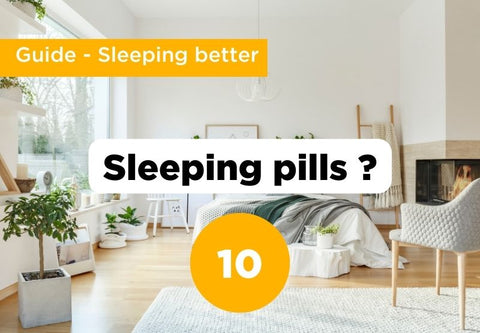 illustration for step 10 (sleeping pills) of better sleep. Bedroom background with title