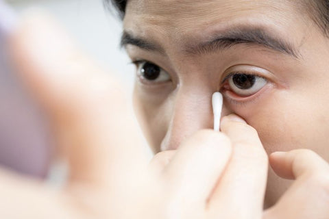 man using cotton swab to remove dust from his eye