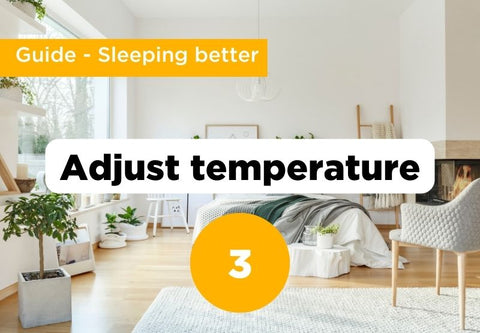 illustration for step 3 (temperature) of better sleep. Bedroom background with title