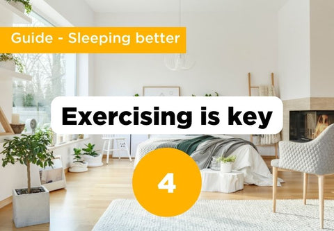 illustration for step 4 (Exercising) of better sleep. Bedroom background with title