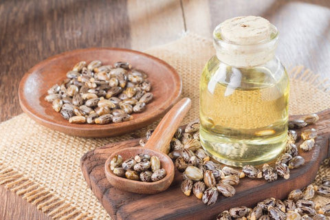 castor oil and seeds on table