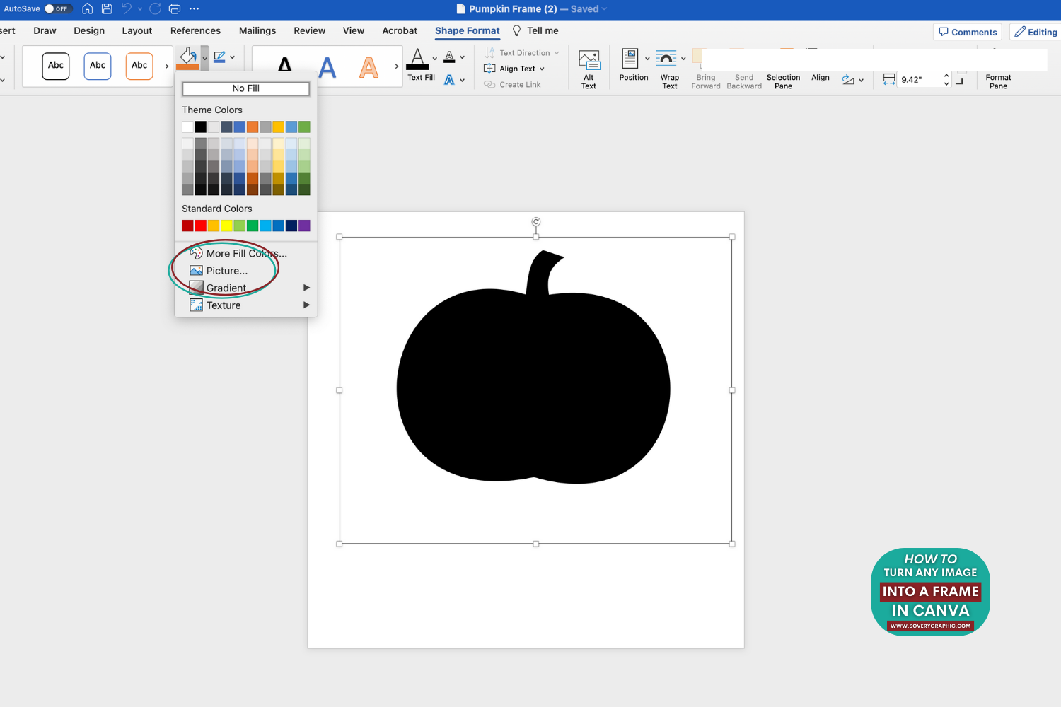 Click on the pumpkin shape and then choose Shape Format at the top of the tool bar.