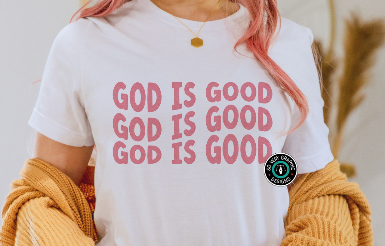 God is Good Wavy Retro Text Design on white T-shirt by So Very Graphic Designs