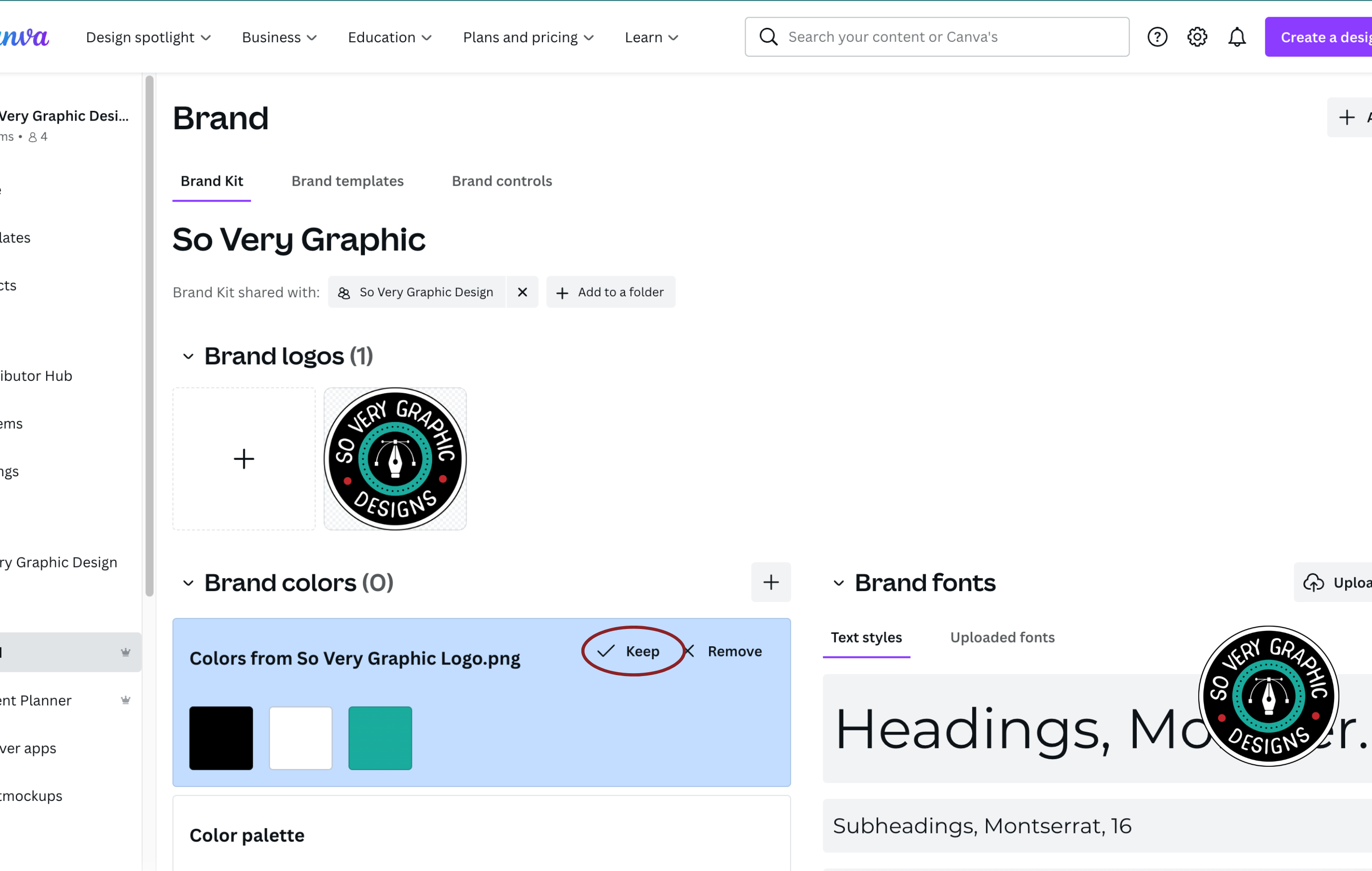 Canva automatically pulls the colors from your uploaded brand logo