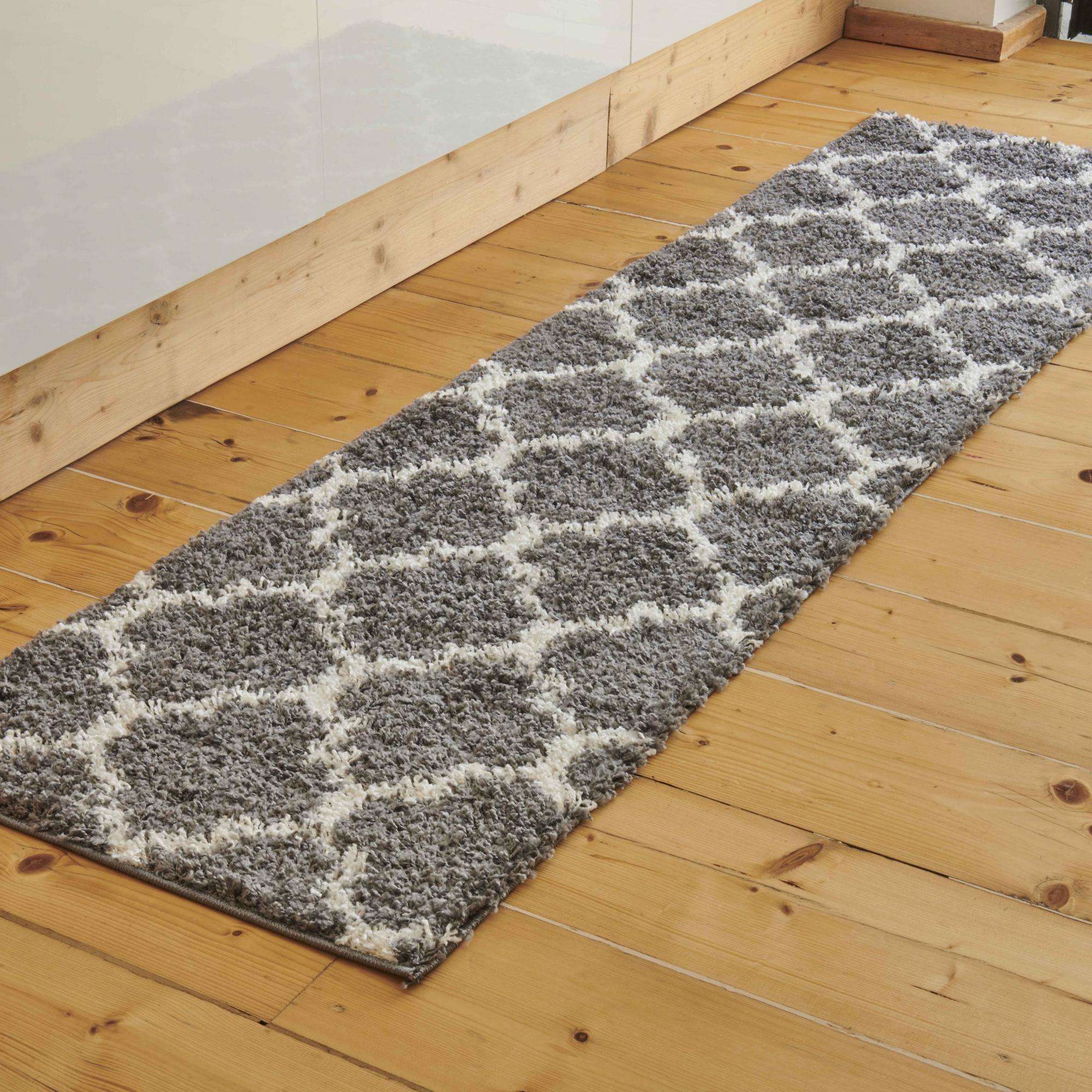 Grey Moroccan Trellis Shaggy Runner Rug - Florence - 60cm x 230cm Runner