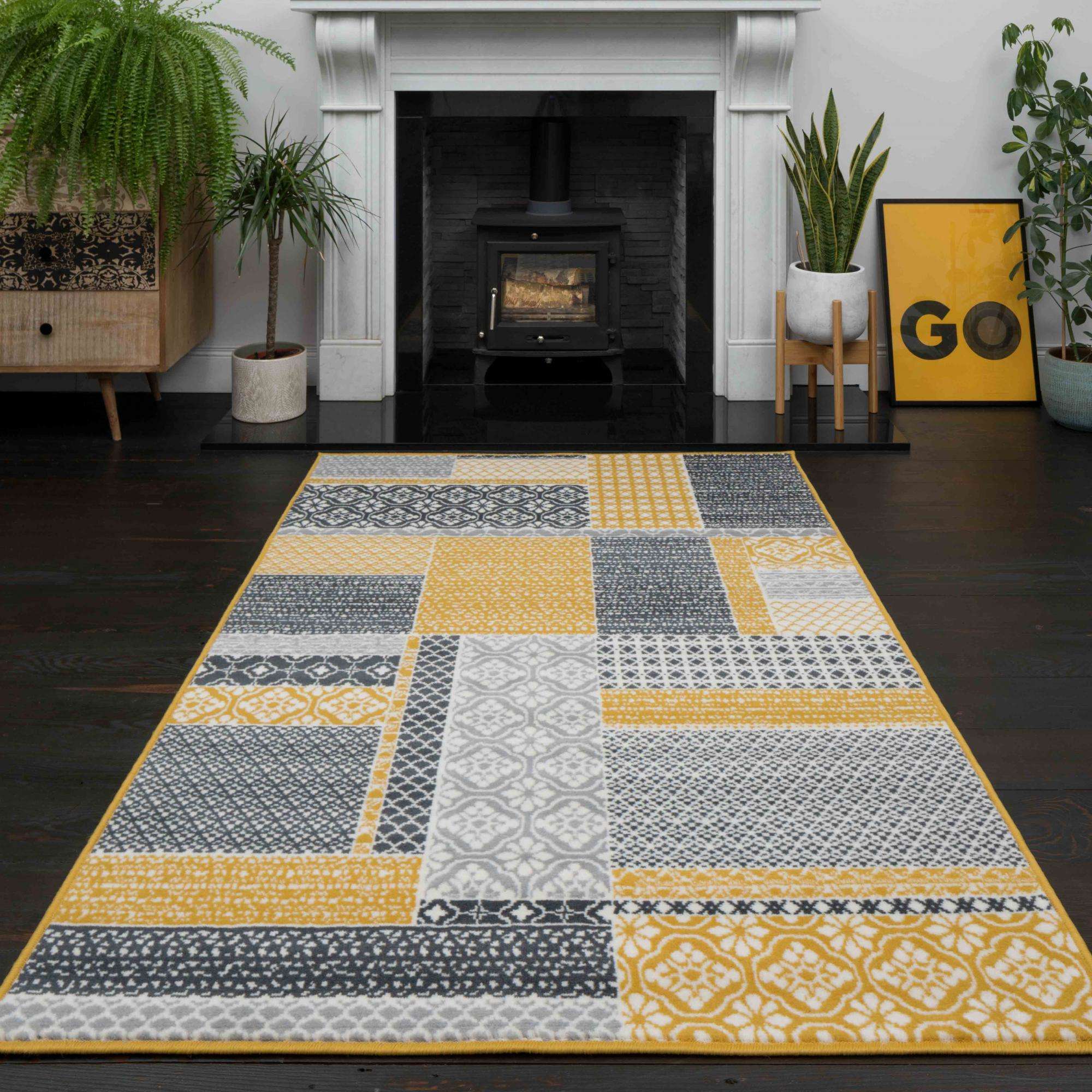 Ochre Grey Patchwork Rug - Milan - 60cm x 110cm