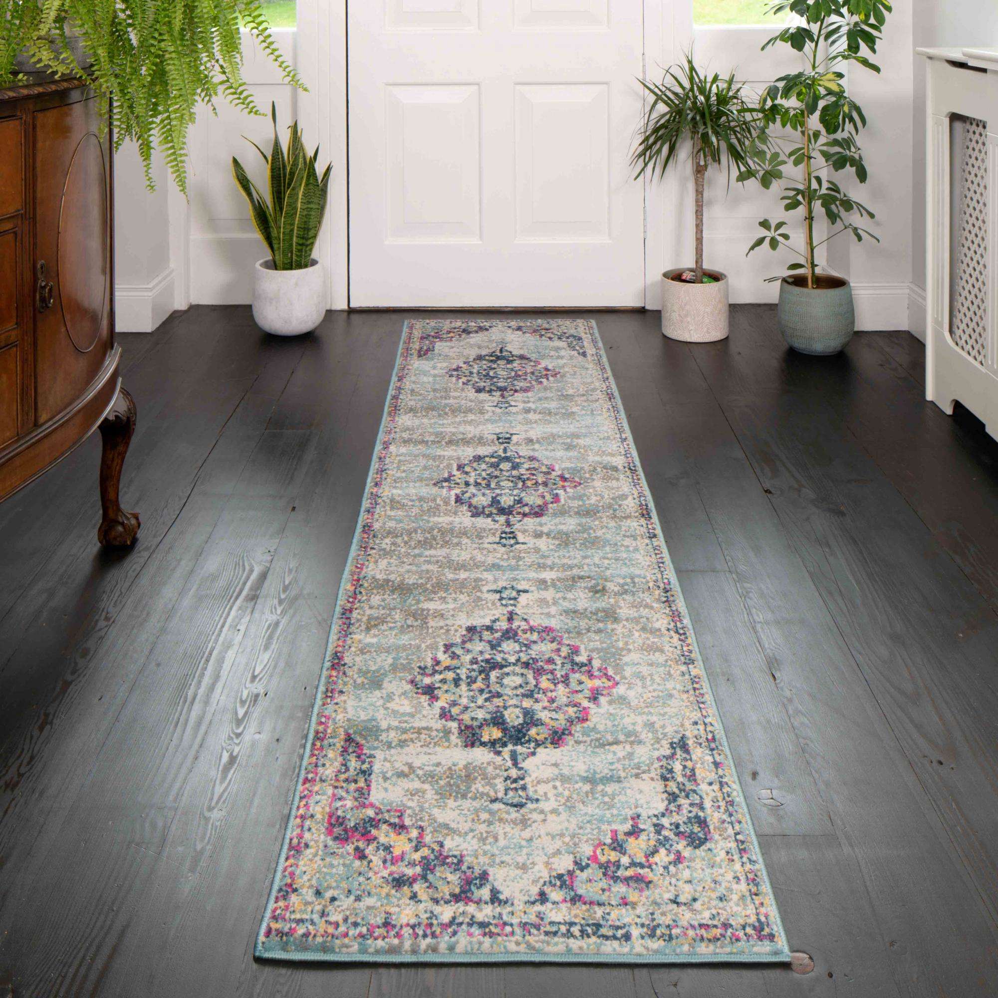 Faded Distressed Colourful Oriental Pattern Runner  Rug - Oscar - 60cm x 240cm Runner