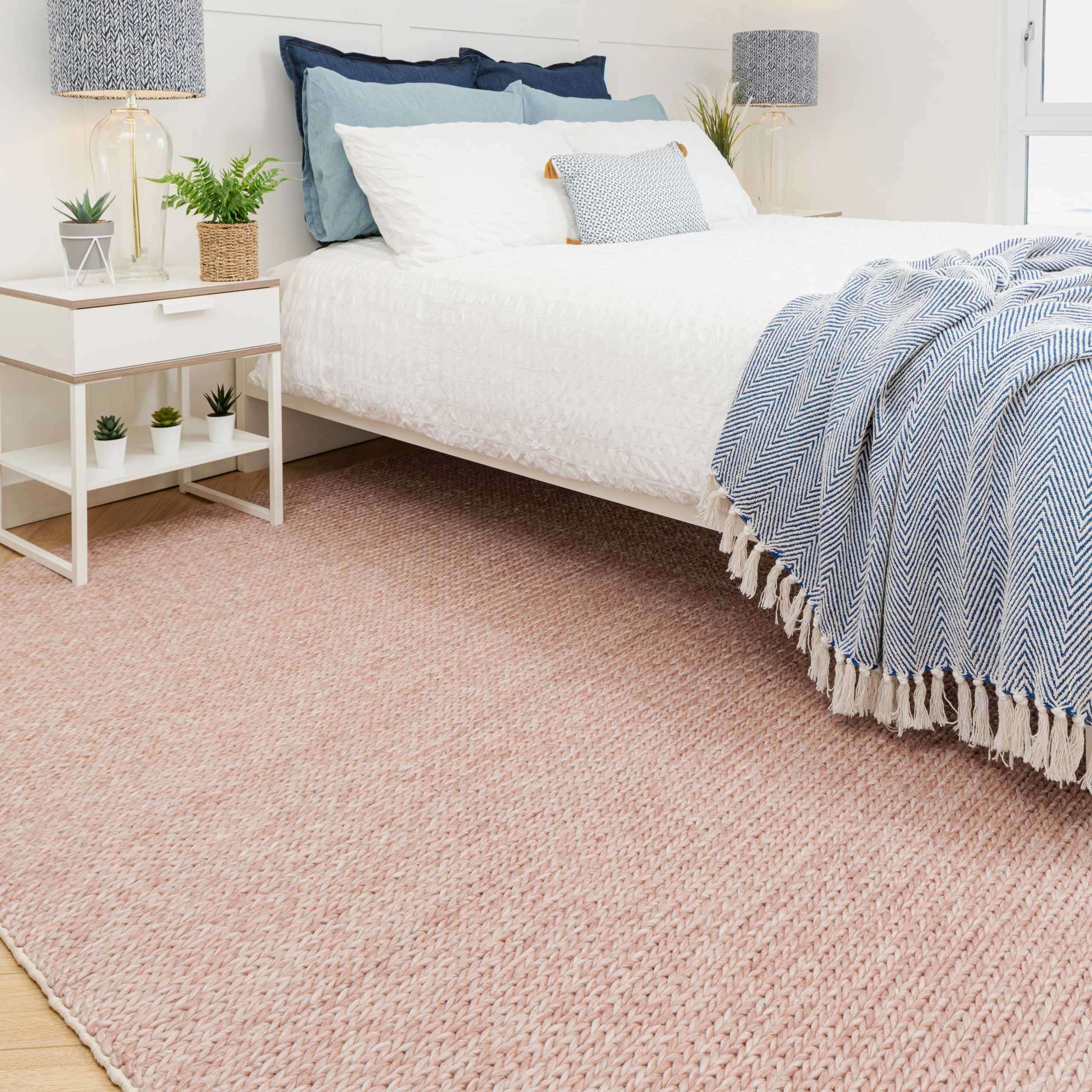 Blush Pink Plait Wool Living Room Rug - Rowan - 120cm x 170cm