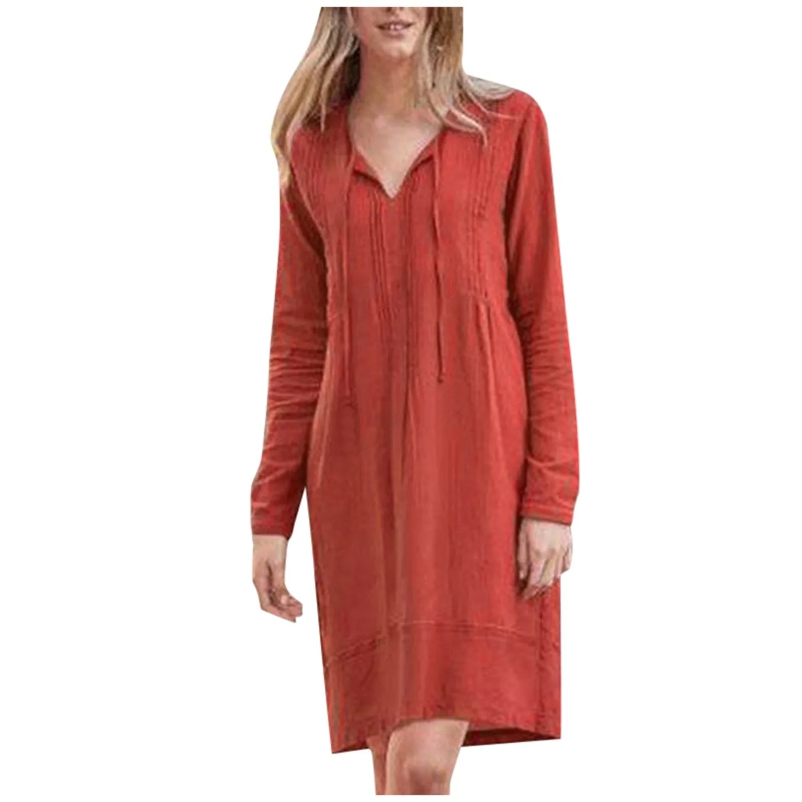 Solid Color Patchwork Cotton Casual Dress V Neck with Self Tie - Image 5