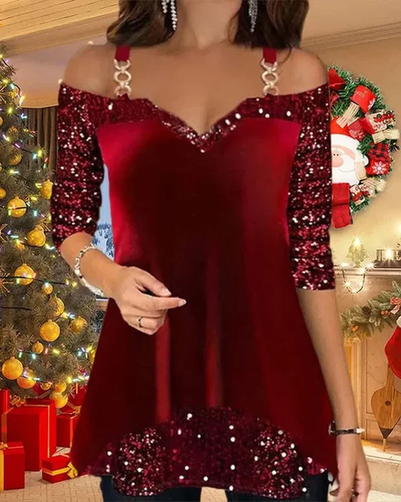 Christmas Sexy V-Neck Sequin Splice T-Shirt