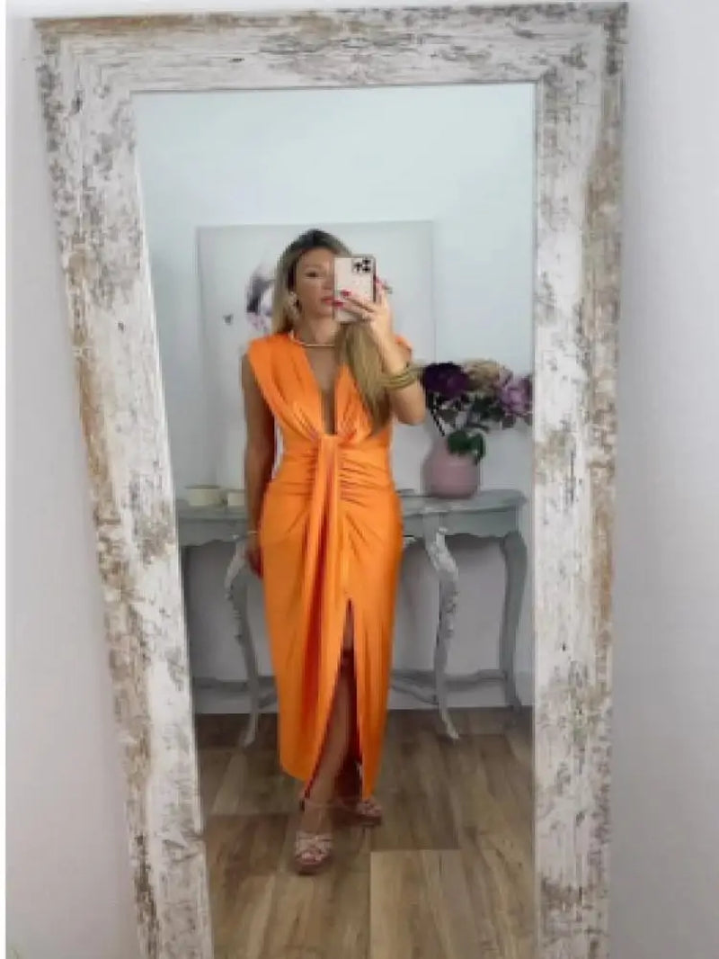 Stylish Solid Color V-Neck Sleeveless Midi Dress for Women - Image 6