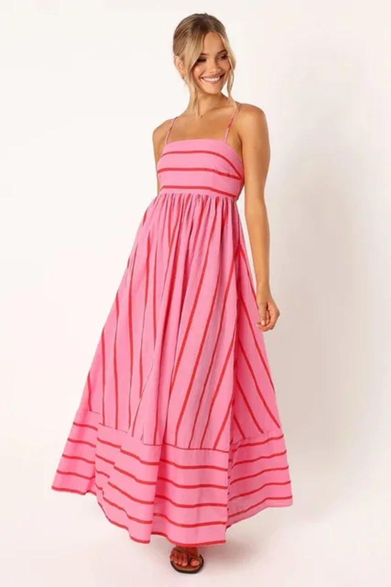 Elegant Striped Sleeveless Maxi Dress with Ruffle Cutout - Image 9
