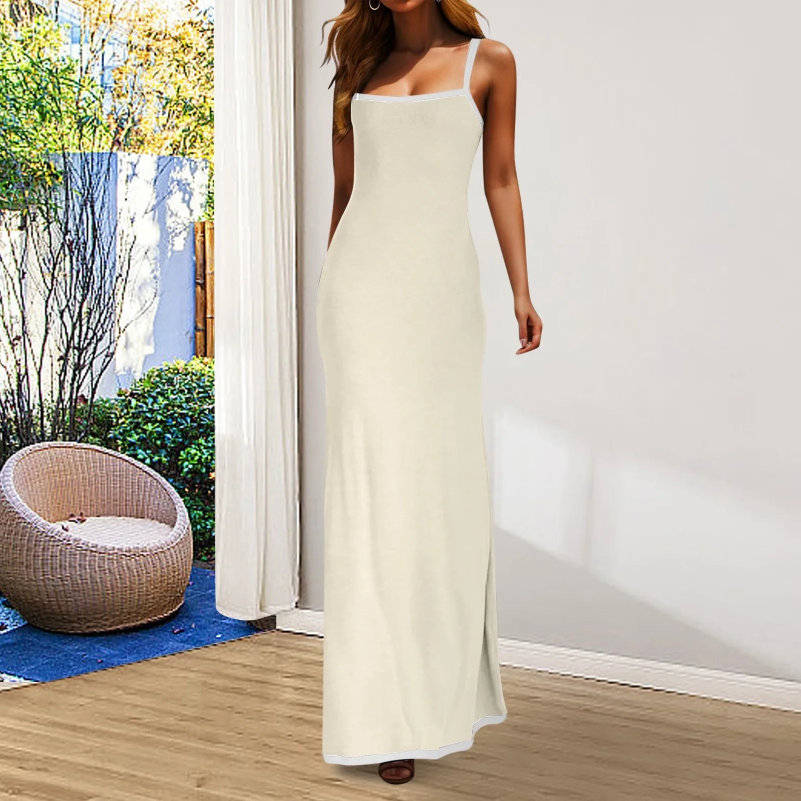 French Holiday Rib Suspender A-Line Maxi Dress for Women - Image 4