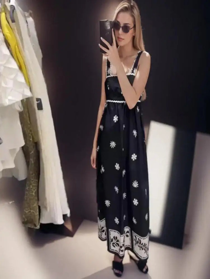 Chic Women's Black Printed Midi Dress for Summer Parties - Image 3