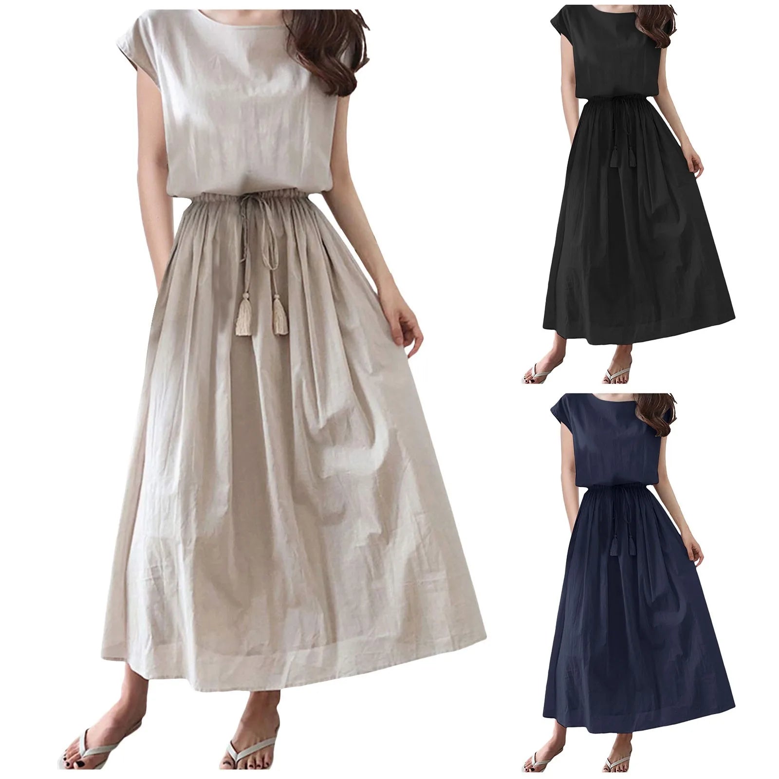 Summer Women's Cotton Linen Blend Long Dress with Elastic Waist - Image 6