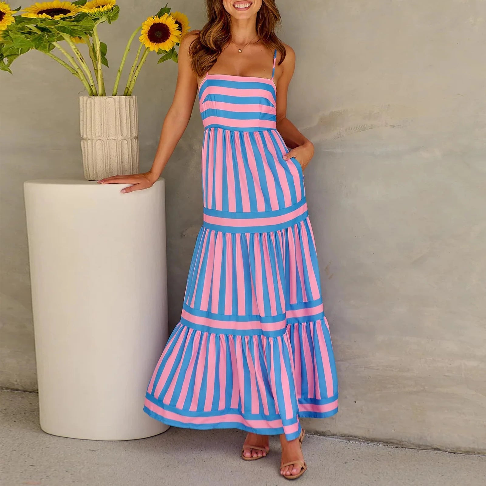 Women's Sleeveless Striped Maxi Dress with Thin Spaghetti Straps - Image 7