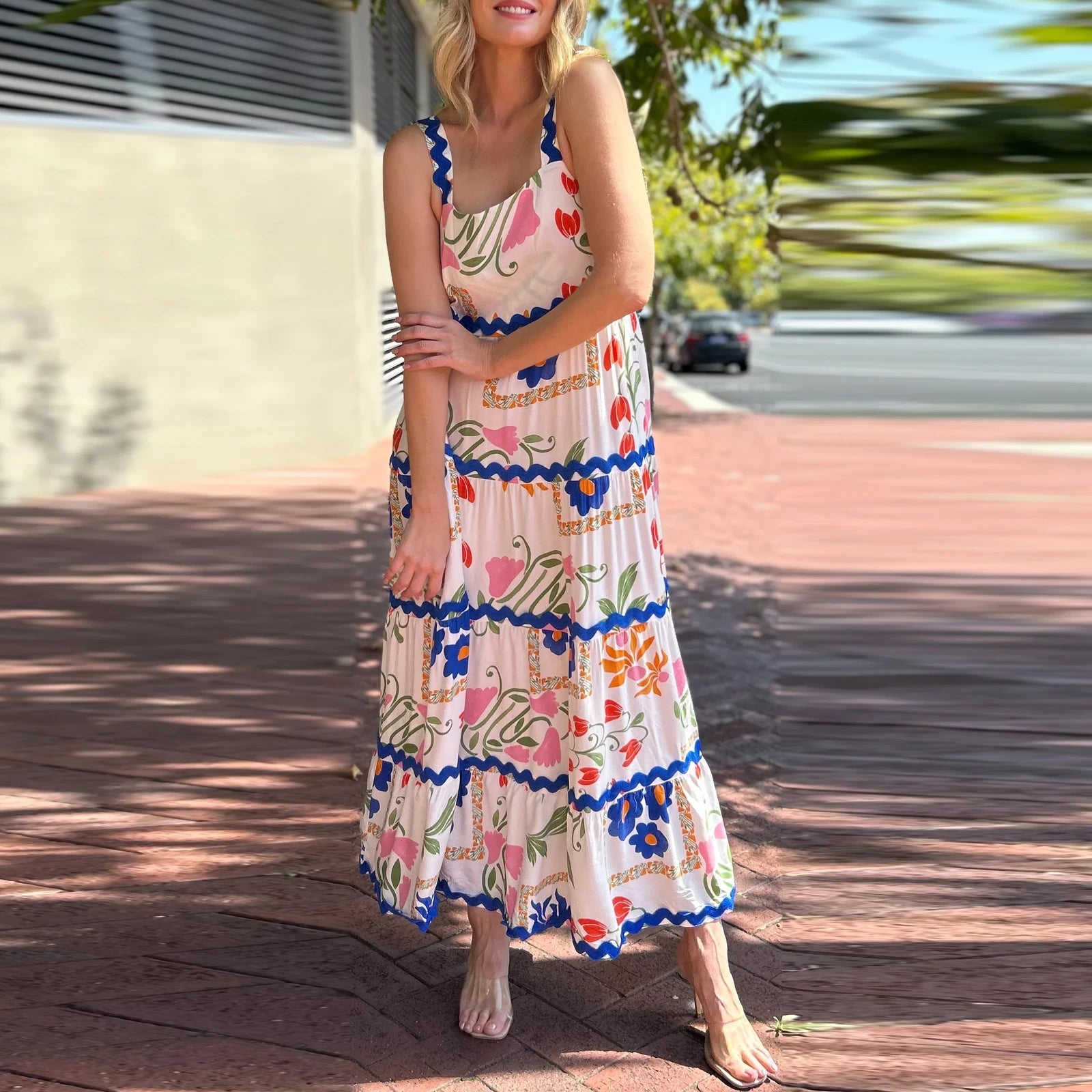 Women's Summer Boho Print Square Neck A-Line Sundress - Image 5
