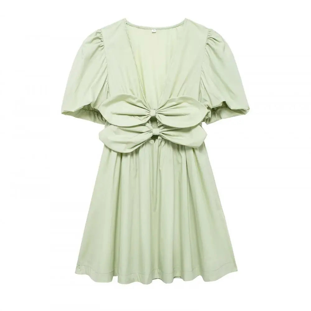 Stylish Bow Decor V-Neck Dress for Women: Slim Fit Solid Color Streetwear - Image 4