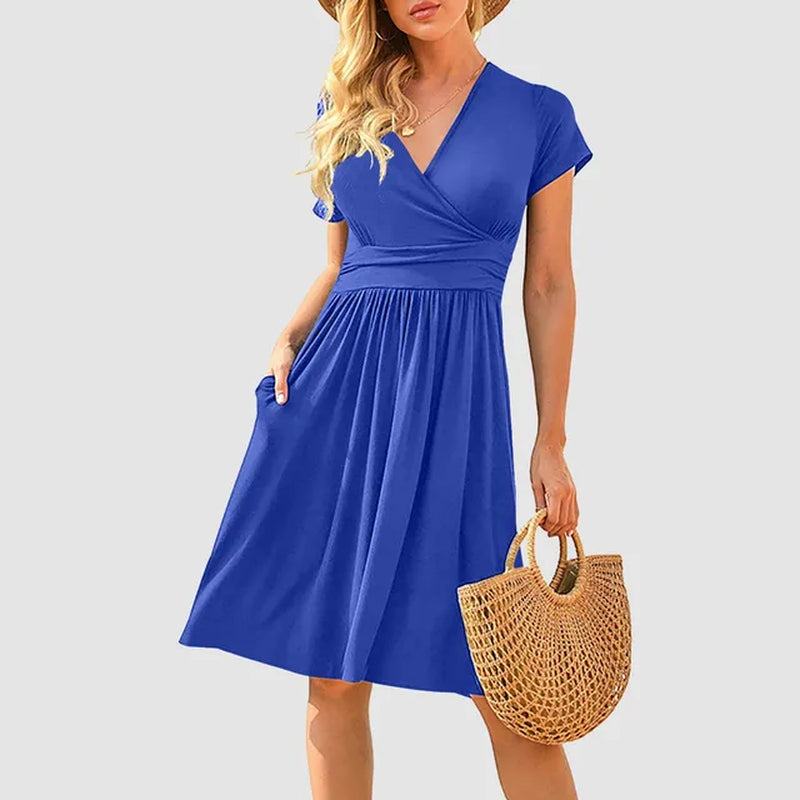 Women's V Neck Short Sleeve Casual Dress with Pockets - Image 9