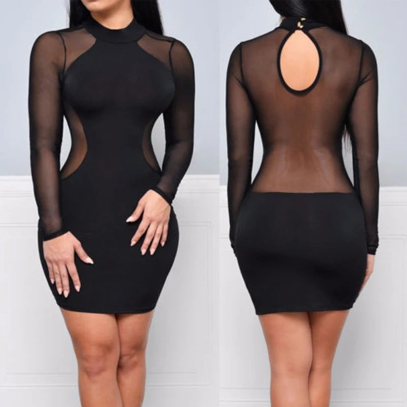 Sexy Long Sleeve Bodycon Mesh Party Mini Dress - Image 6