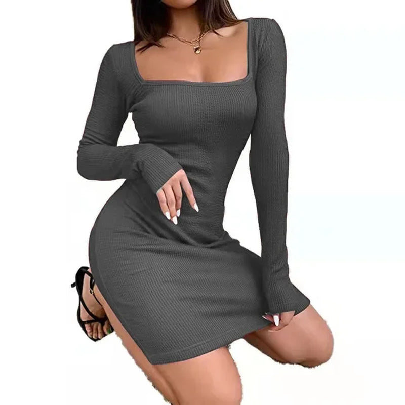 Sexy Square Neck Long Sleeve Knitted Mini Dress - Image 6