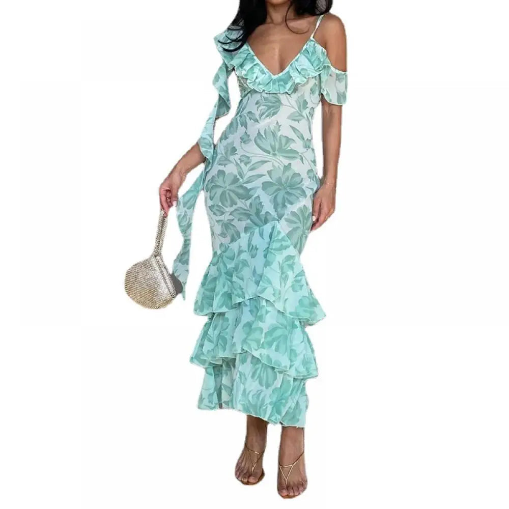 Sleeveless V-Neck Long Dress with Suspenders and Floral Print - Image 5